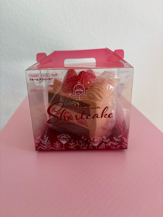 A hand holding a clear plastic box containing a pink strawberry chocolate cake squishy by the brand IBLOOM, set against a white and pink background.
