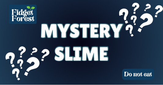 Promotional graphic for a Fidget Forest 'Mystery Slime' listing, featuring the brand logo, large white text, white question marks, and a 'Do not eat' warning on a dark blue background.