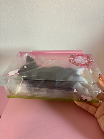 A large black squishy cat toy inside a clear plastic display box with pink and green accents, held by a hand against a pink surface and white wall background.