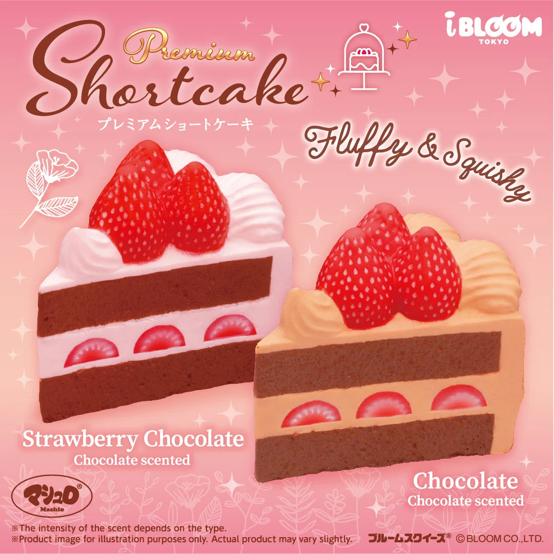 A pink product card for iBLOOM Tokyo Premium Shortcake Squishy, featuring two sliced cake squishies labeled Strawberry Chocolate (Pink color) and Chocolate (brown color). The background is pink with star sparkles, and the text says Fluffy & Squishy and Chocolate scented.