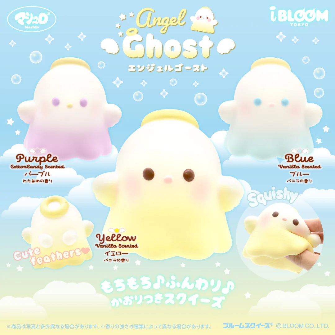 Promotional graphic for iBLOOM Angel Ghost squishy, showing three color variants (Purple, Blue, and Yellow) floating in a pastel sky with clouds, plus a hand squishing the yellow plush to demonstrate its squishy texture.
