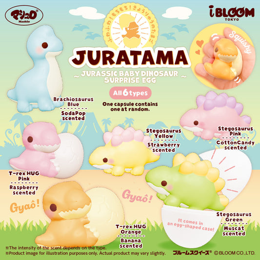 Promotional graphic for iBLOOM Tokyo Juratama Jurassic Baby Dinosaur Surprise Egg Squishy, showing multiple pastel-colored dinosaur squishy figures and capsules with scent labels on a light blue illustrated background. The color options for the squishies are blue, pink, yellow, orange, or green.
