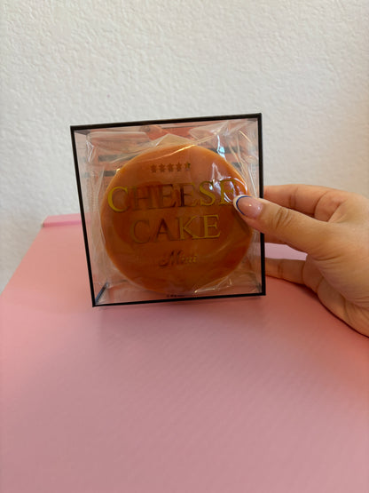 A hand holding a square clear plastic package containing an orange-brown round cheese cake squishy labeled 'CHEESE CAKE Mini' on a pink surface against a white wall.