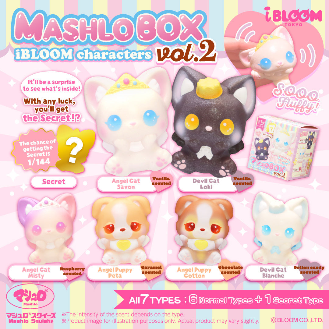 Promotional graphic for Mashlo Box iBloom Characters squishies vol.2. Includes 7 different characters you can get in the blind box including 2 Angel Cats (Pink and White), 2 Devil Cats (Black and White), and 2 Angel Puppy squishies (Brown and Light Brown). There is also a secret character that is a mystery.