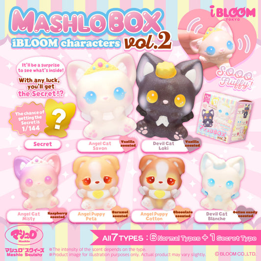 Promotional graphic for Mashlo Box iBloom Characters squishies vol.2. Includes 7 different characters you can get in the blind box including 2 Angel Cats (Pink and White), 2 Devil Cats (Black and White), and 2 Angel Puppy squishies (Brown and Light Brown). There is also a secret character that is a mystery.