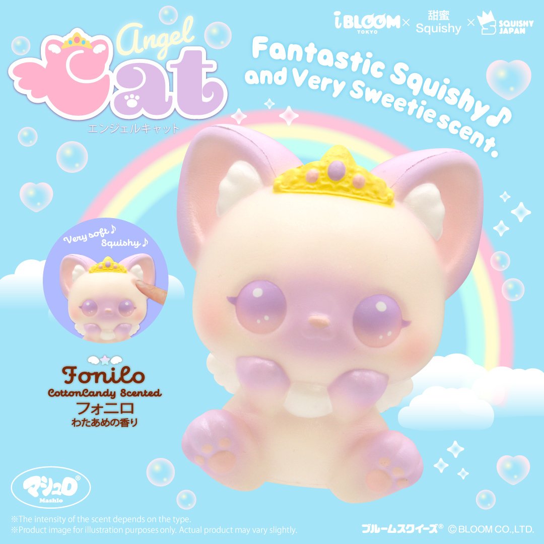 A pastel pink and lavender squishy cat toy with large purple eyes, a small gold crown, and a bow, shown on a light blue background with rainbow, clouds, and bubble graphics. The image includes branding text for Angel Cat, Bloom, and the character name Fonilo.