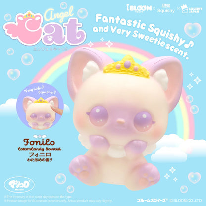 A pastel pink and lavender squishy cat toy with large purple eyes, a small gold crown, and a bow, shown on a light blue background with rainbow, clouds, and bubble graphics. The image includes branding text for Angel Cat, Bloom, and the character name Fonilo.