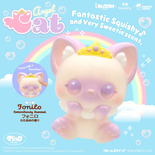 A pastel pink and lavender squishy cat toy with large purple eyes, a small gold crown, and a bow, shown on a light blue background with rainbow, clouds, and bubble graphics. The image includes branding text for Angel Cat, Bloom, and the character name Fonilo.