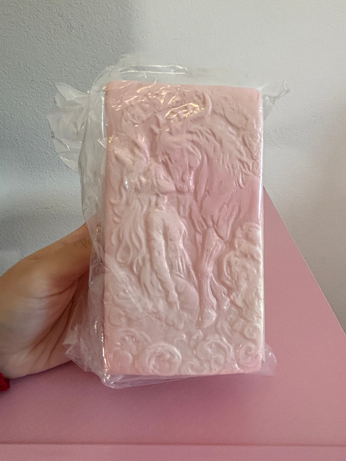 San Pink Jumbo Pony Bread Squishy toy inside clear plastic packaging, featuring a thick rectangular block embossed with an intricate carving of a mythical woman kissing the nose of a horse. Both are wrapped in swirling clouds. Held by a hand on a white and pink background.